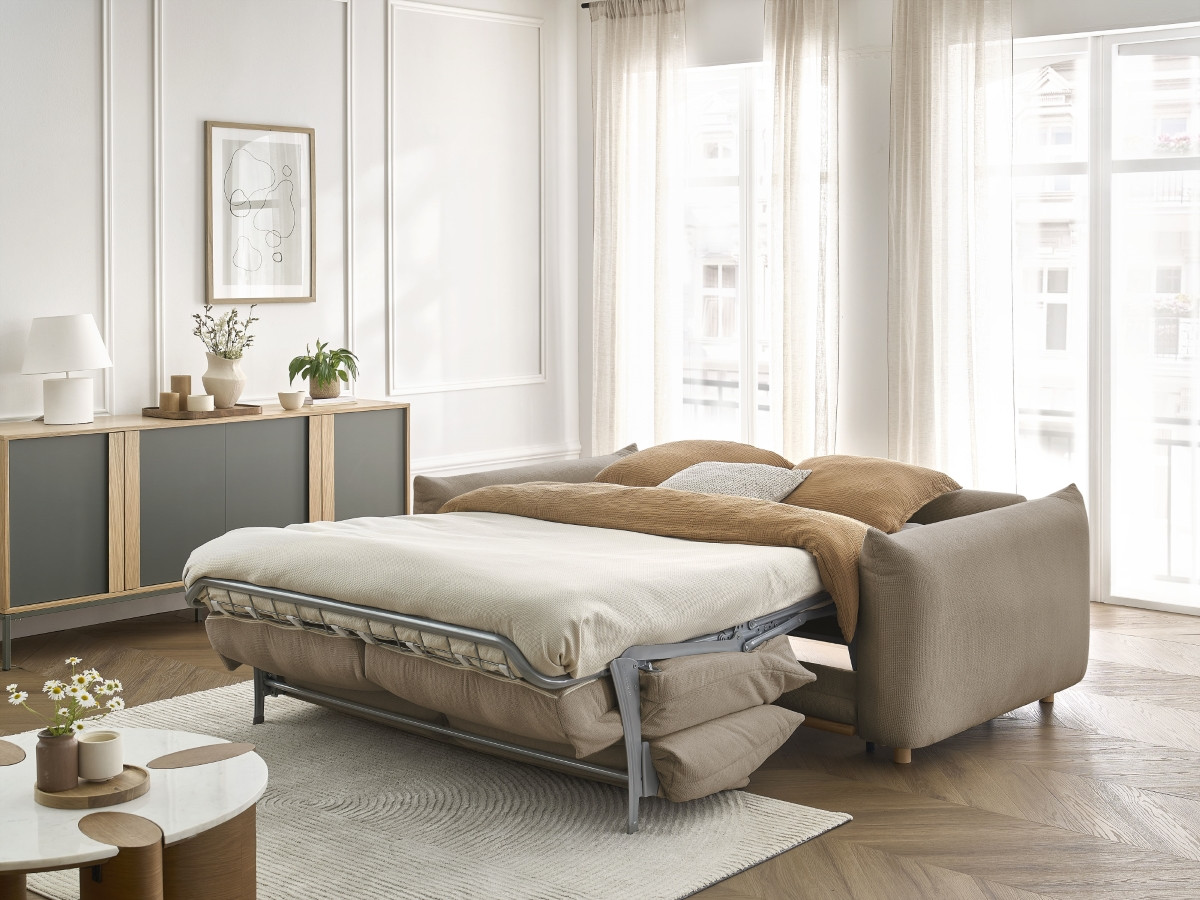 Bobochic Ernest Schlafsofa 3-Sitzer, Liegefläche 190 × 140 / 160 cm Stoff Taupe, Liegefläche 160 × 190 cm