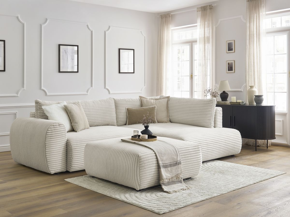 Bobochic Lucien Ecksofa mit Schlaffunktion und Bettkasten und Pouf 296 × 198 cm Breitcord weich Beige Ecke rechts