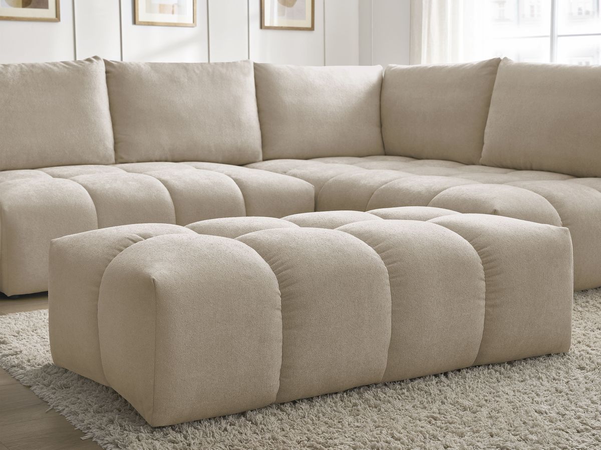 Bobochic Everest Ecksofa mit Schlaffunktion und Bettkasten und Pouf 320 × 212 cm, 5 Kissen Strukturstoff Taupe Ecke rechts