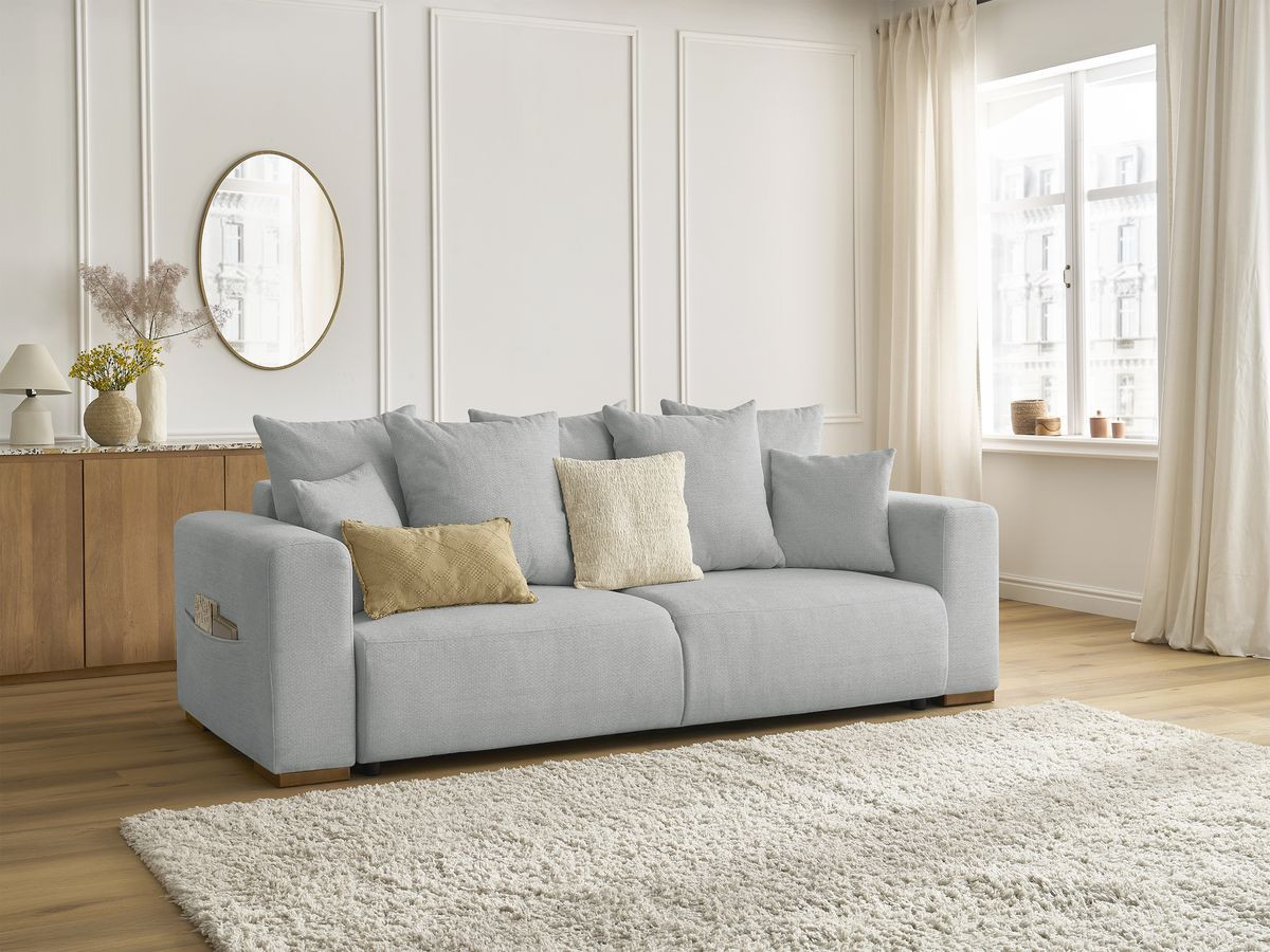Bobochic Sidonie Schlafsofa 3-Sitzer mit Bettkasten Melange-Stoff Hellgrau