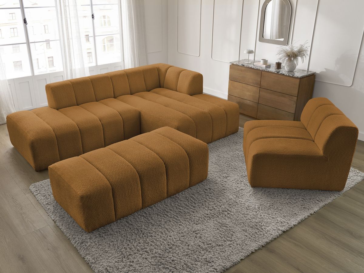Bobochic Annecy Ecksofa mit Sofamodul und Pouf Bouclé-Stoff Gelb Ecke rechts