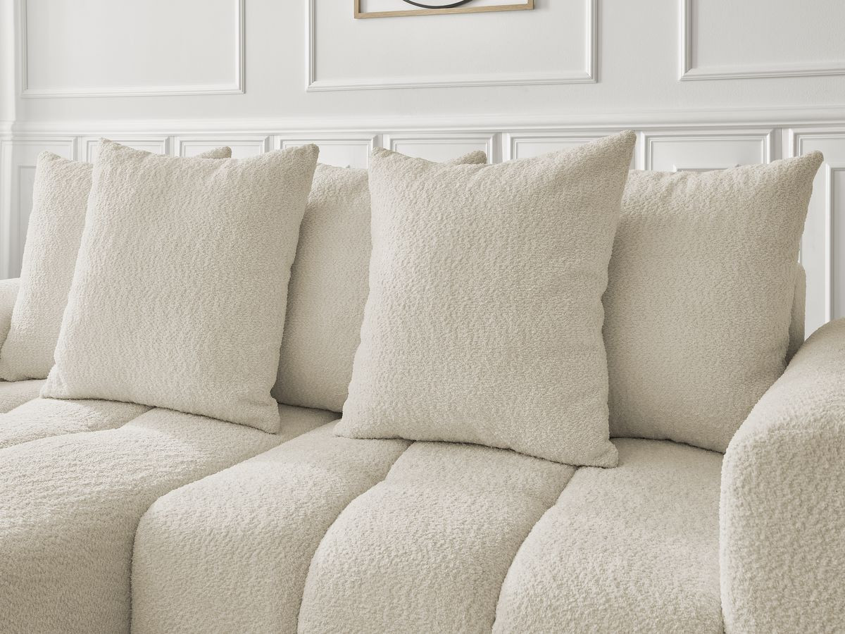 Bobochic Roxelane Ecksofa mit Schlaffunktion und Bettkasten und Pouf 258 × 150 cm Bouclé-Stoff Beige Ecke links