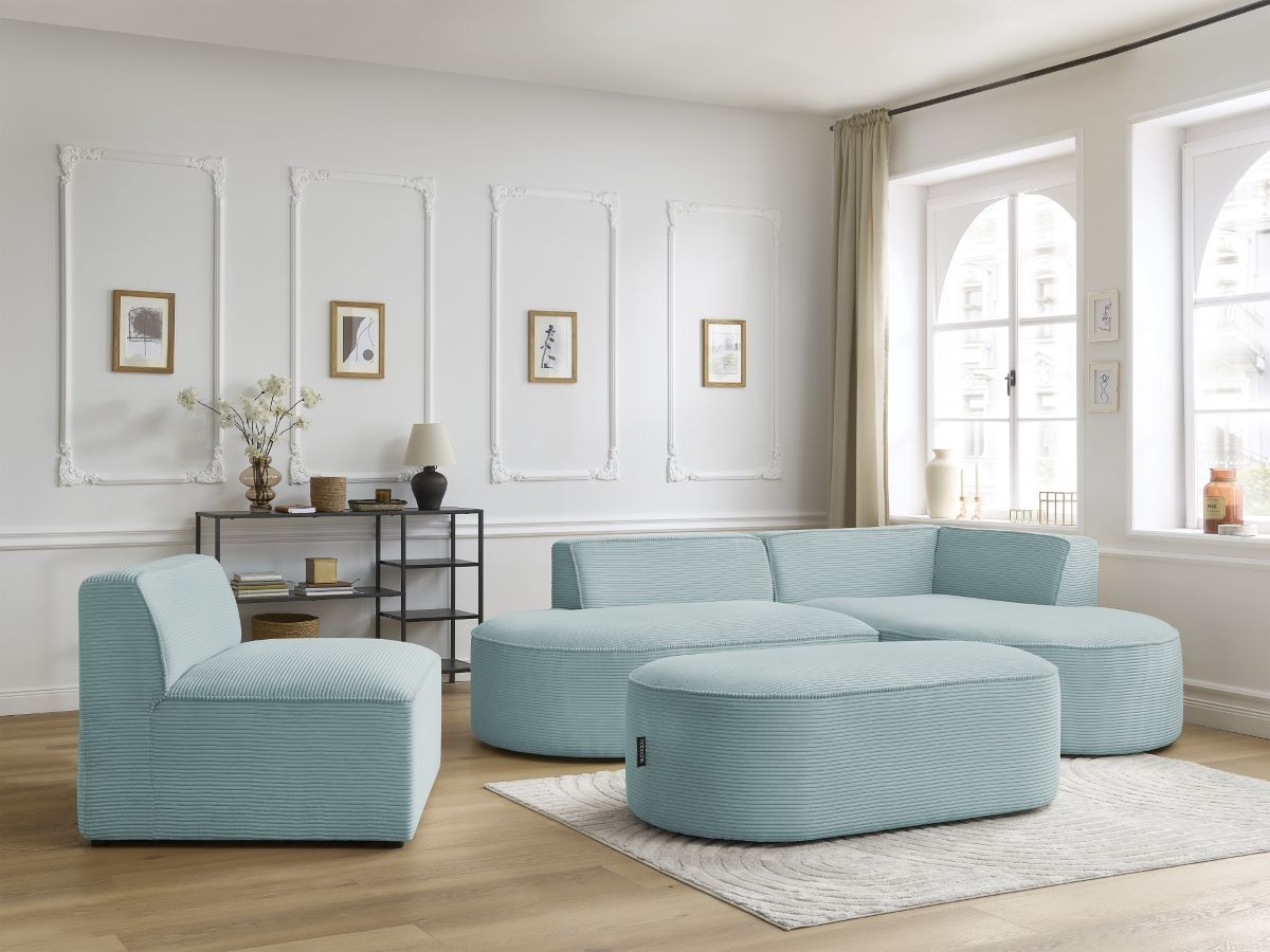 Bobochic Rousseau Ecksofa mit Sofamodul und Pouf Cordsamt Hellblau Ecke rechts