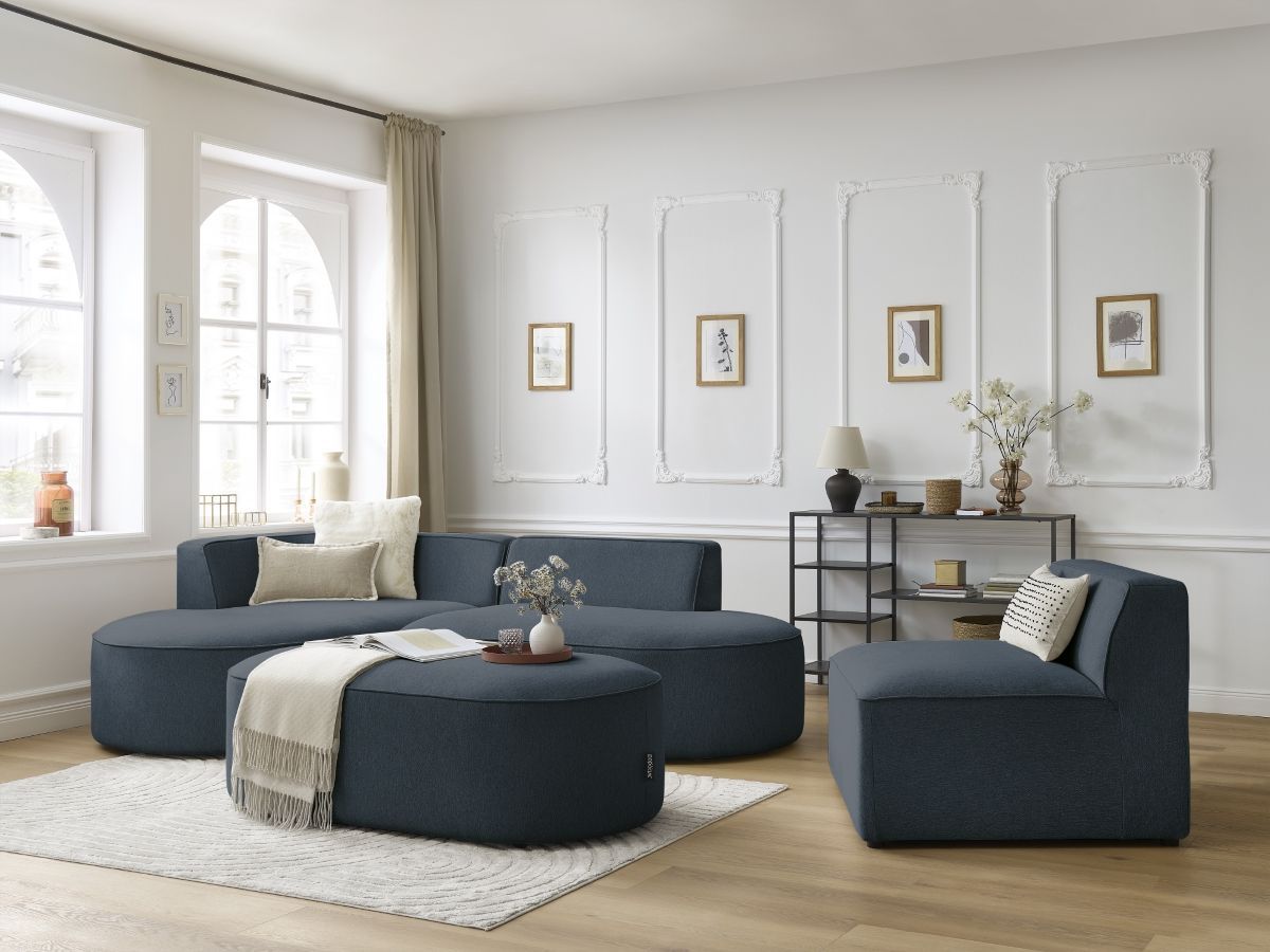 Bobochic Rousseau Ecksofa mit Sofamodul und Pouf Melange-Stoff Dunkelblau Ecke links