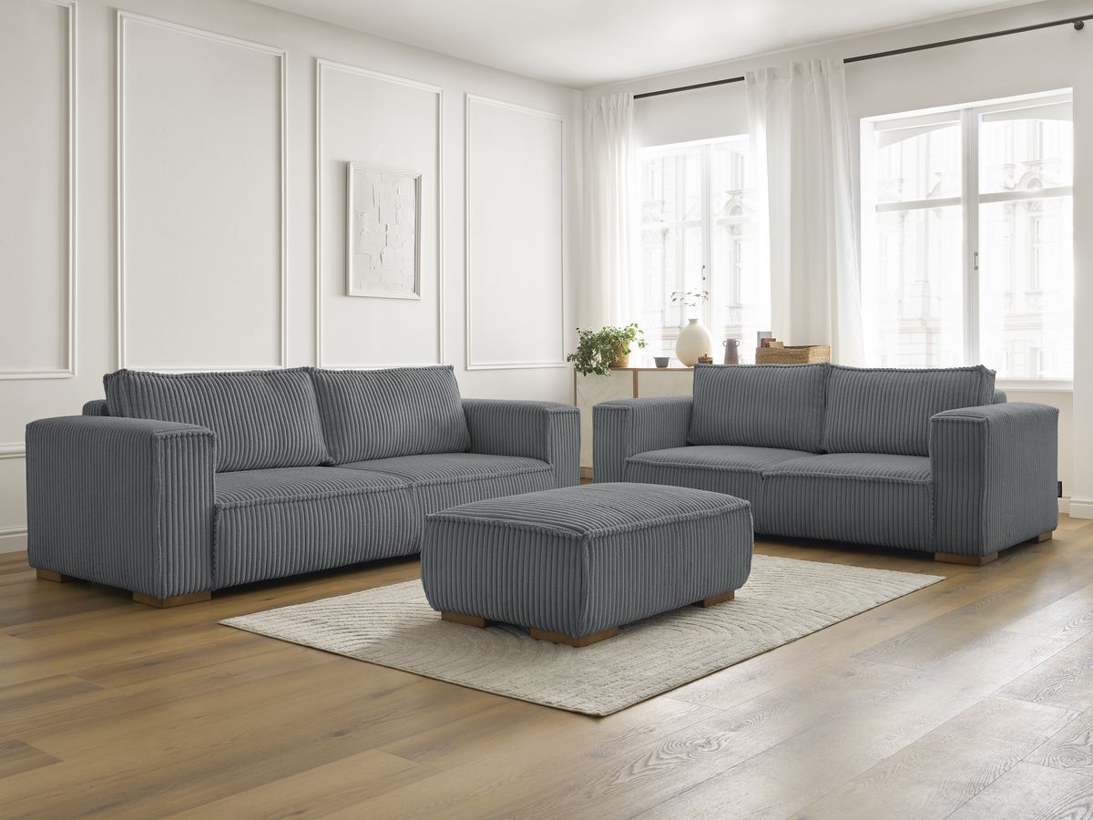 Bobochic Chelsea Sofa 6-Sitzer mit Pouf Breitcord weich Dunkelgrau