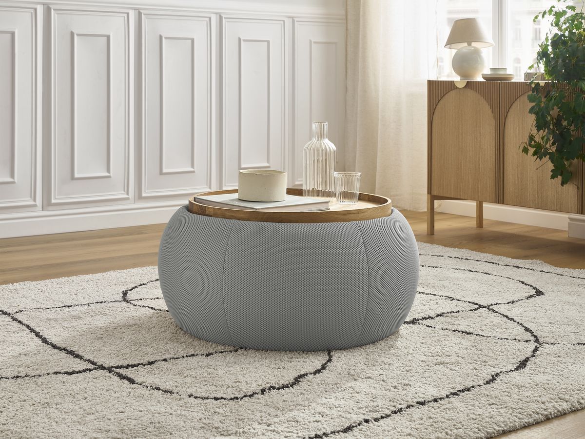 Bobochic Hayden Pouf mit Tablett, rund Mesh-Stoff Hellgrau, 77 cm