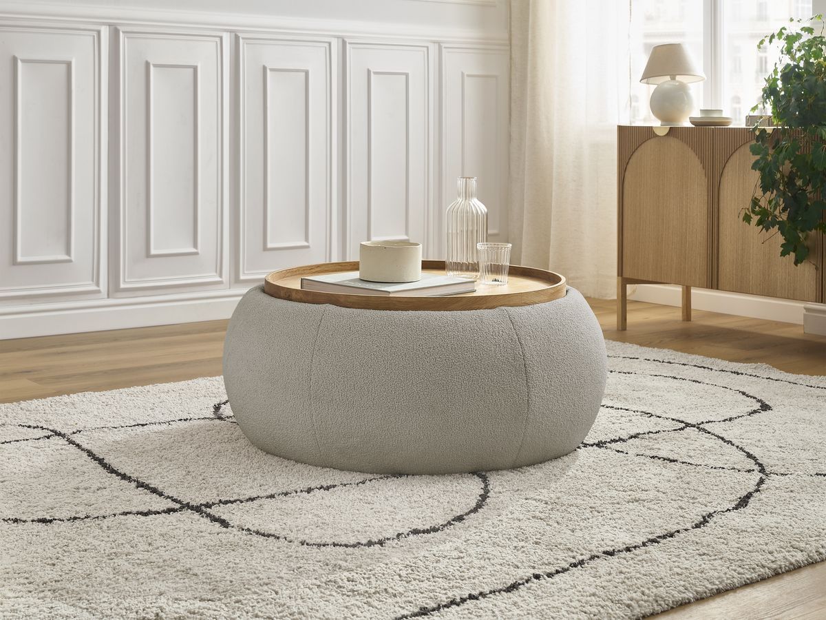 Bobochic Hayden Pouf mit Tablett, rund Bouclé-Stoff Taupe, 87 cm