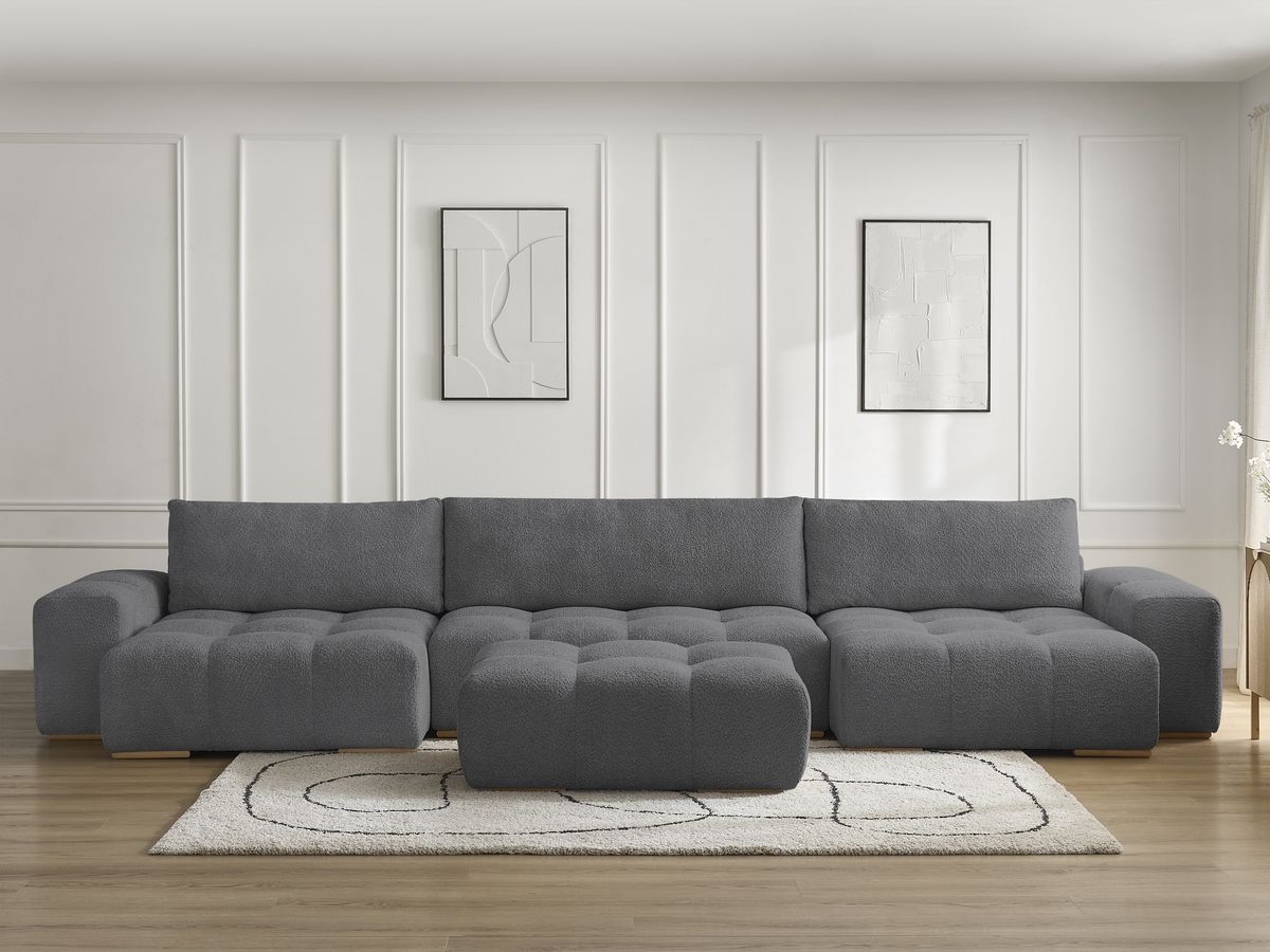 Bobochic Anakin Wohnlandschaft mit Pouf, 3 Kissen Bouclé-Stoff Dunkelgrau