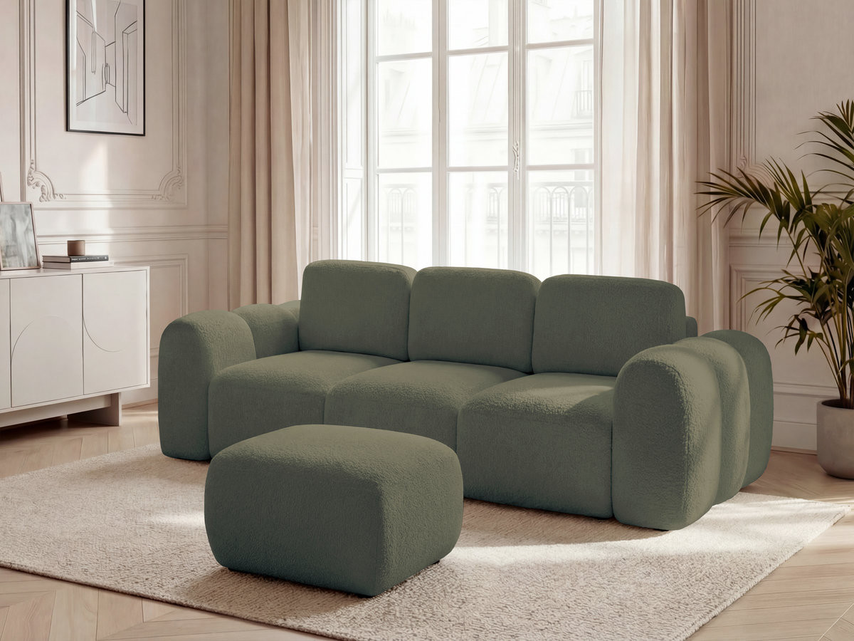 Bobochic Montaigne Schlafsofa 3-Sitzer mit Bettkasten und Pouf Bouclé-Stoff Grün