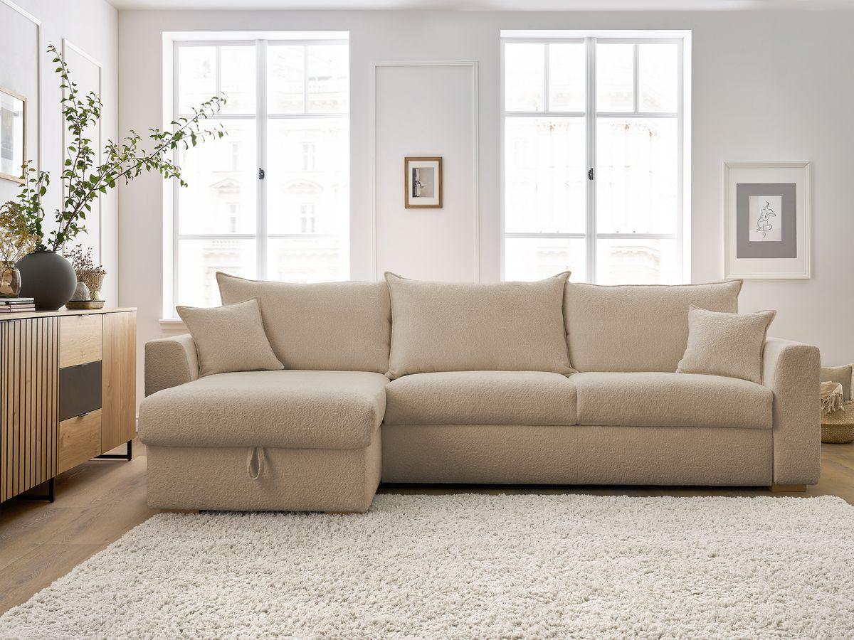 Bobochic Augustin Ecksofa mit Schlaffunktion und Bettkasten Bouclé-Stoff Beige, Liegefläche 140 × 200 cm