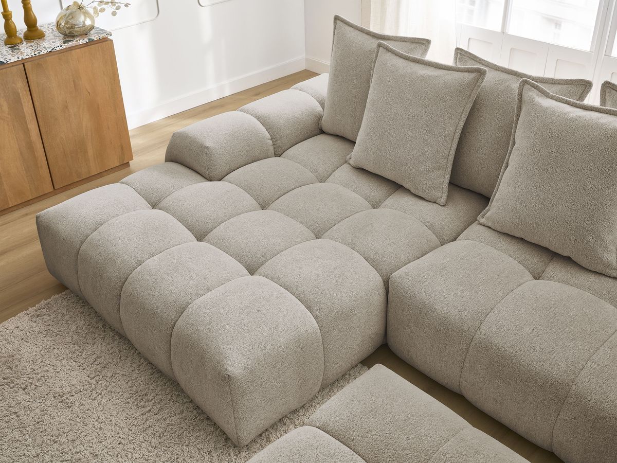 Bobochic Everest Ecksofa mit Schlaffunktion und Bettkasten und Pouf 318 × 180 cm, 7 Kissen Melange-Stoff Taupe Ecke links