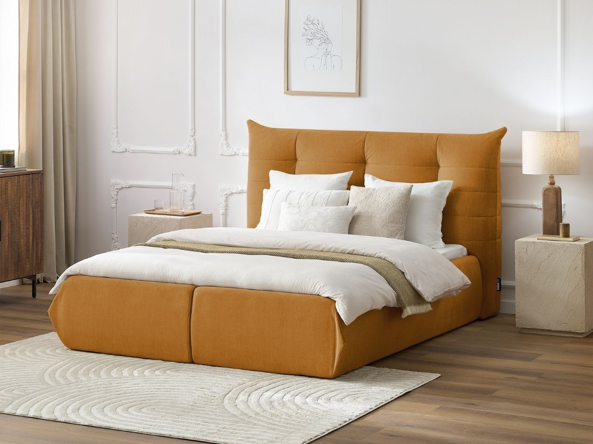 Bobochic Clothilde Polsterbett mit Bettkasten Samt Orange, Liegefläche 140 × 190 cm