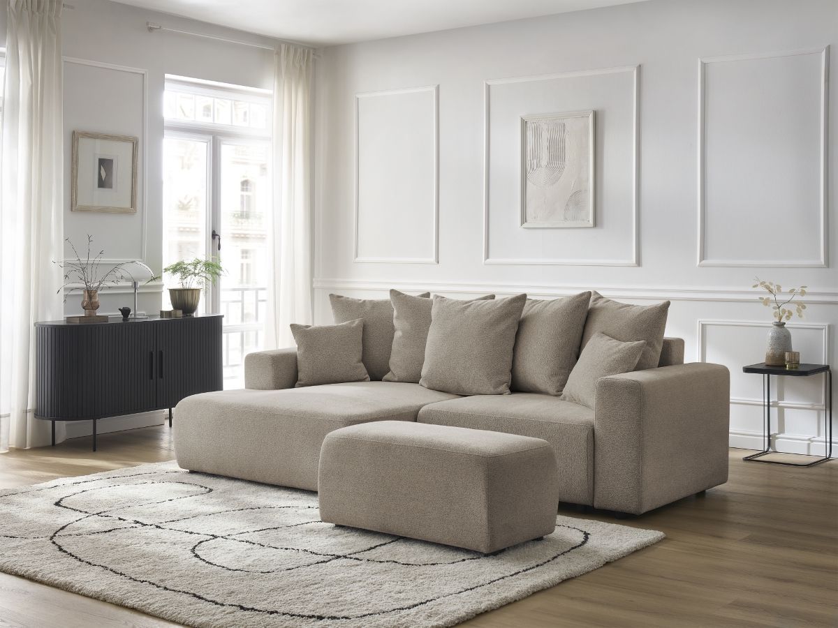 Bobochic Atilla Ecksofa mit Schlaffunktion und Bettkasten und Pouf Melange-Stoff Taupe Ecke links