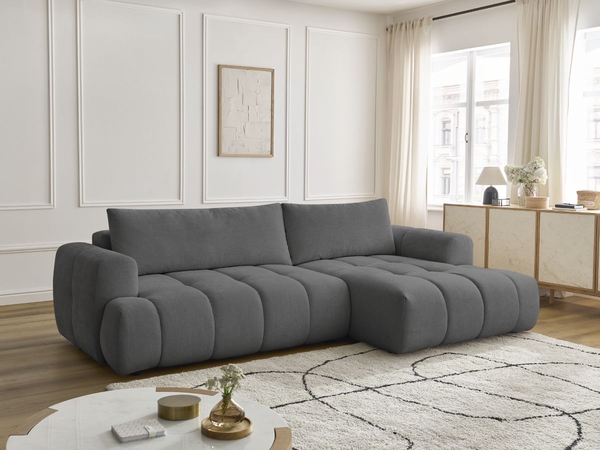 Bobochic Fuji Ecksofa mit Schlaffunktion und Bettkasten 292 × 160 cm Stoff Dunkelgrau Ecke rechts