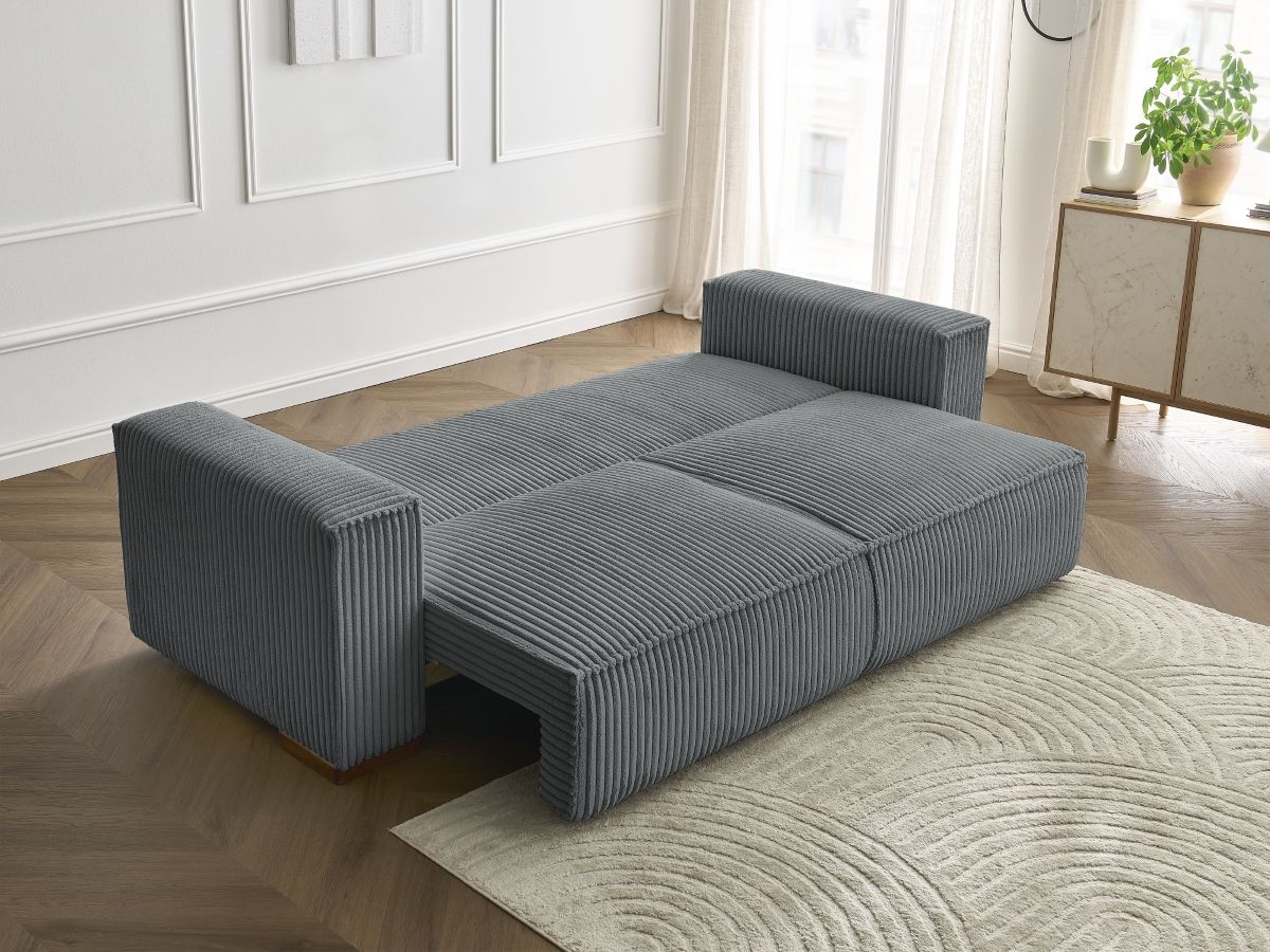 Bobochic Chelsea Schlafsofa 3-Sitzer mit Bettkasten Breitcord weich Dunkelgrau