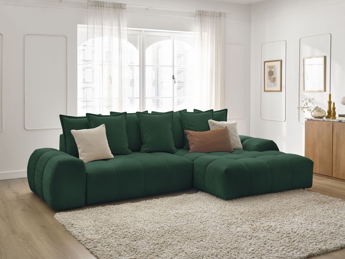 Bobochic Everest Ecksofa mit Schlaffunktion und Bettkasten 318 × 180 cm, 7 Kissen Strukturstoff Grün Ecke rechts
