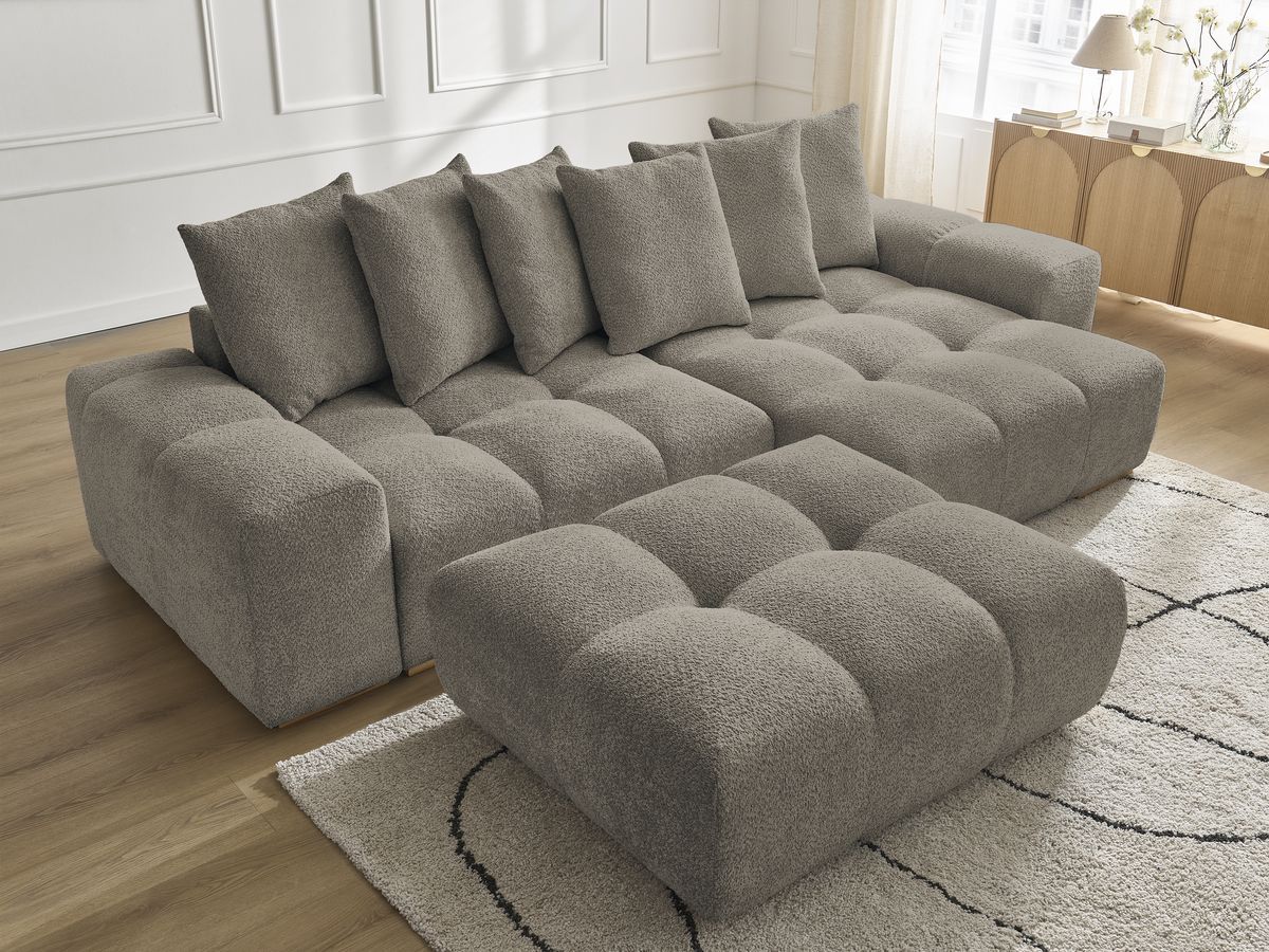 Bobochic Anakin Ecksofa mit Pouf, 6 Kissen Bouclé-Stoff Taupe