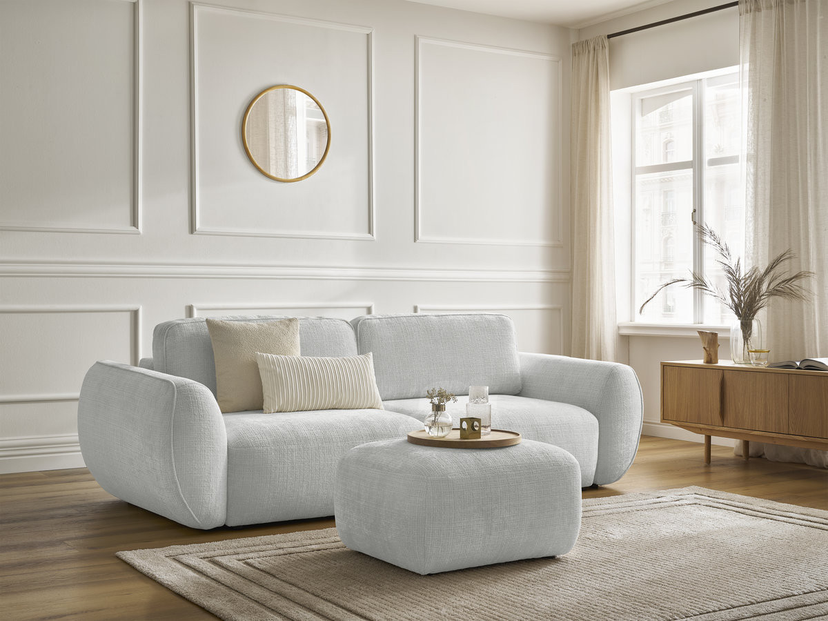 Bobochic Denise Schlafsofa 3-Sitzer mit Bettkasten und Pouf Strukturstoff Hellgrau