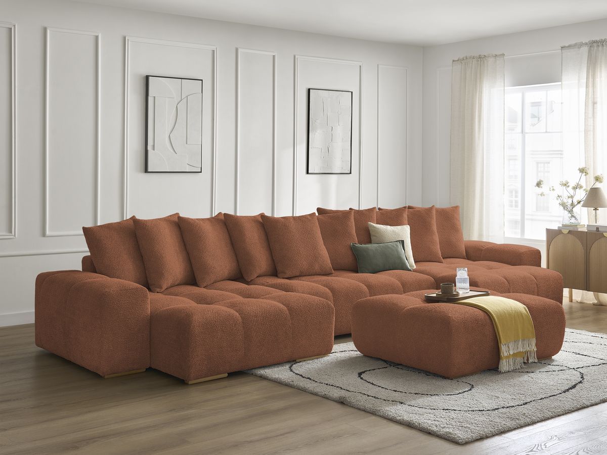 Bobochic Anakin Wohnlandschaft mit Pouf, Liegefläche 137 × 382 cm, 10 Kissen Bouclé-Stoff Orange