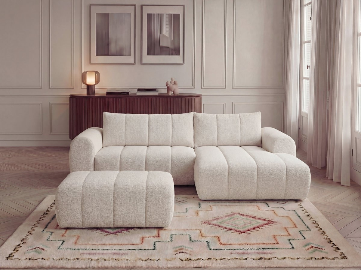 Bobochic Nesty Ecksofa 272 cm mit Pouf Melange-Stoff Beige Ecke rechts