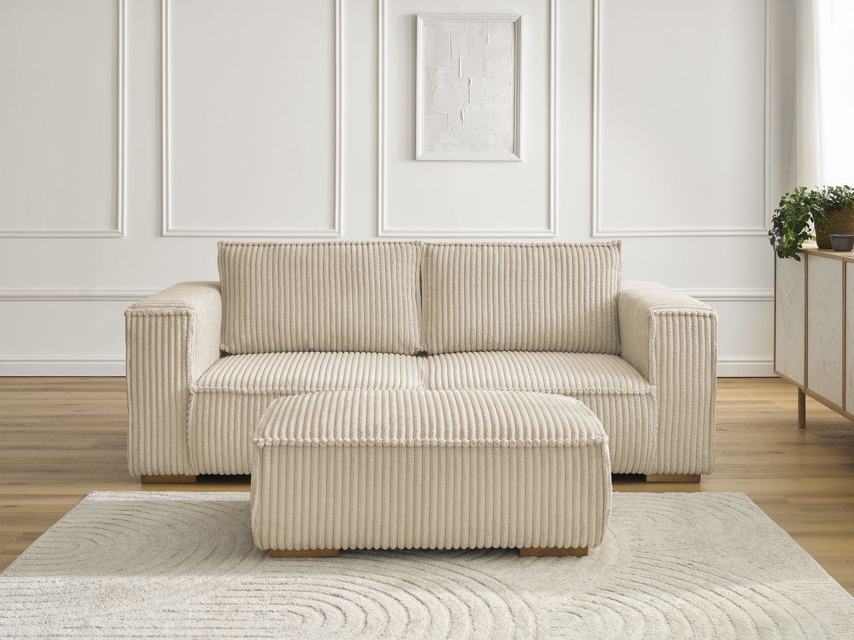 Bobochic Chelsea Sofa 3-Sitzer mit Pouf Breitcord weich Taupe