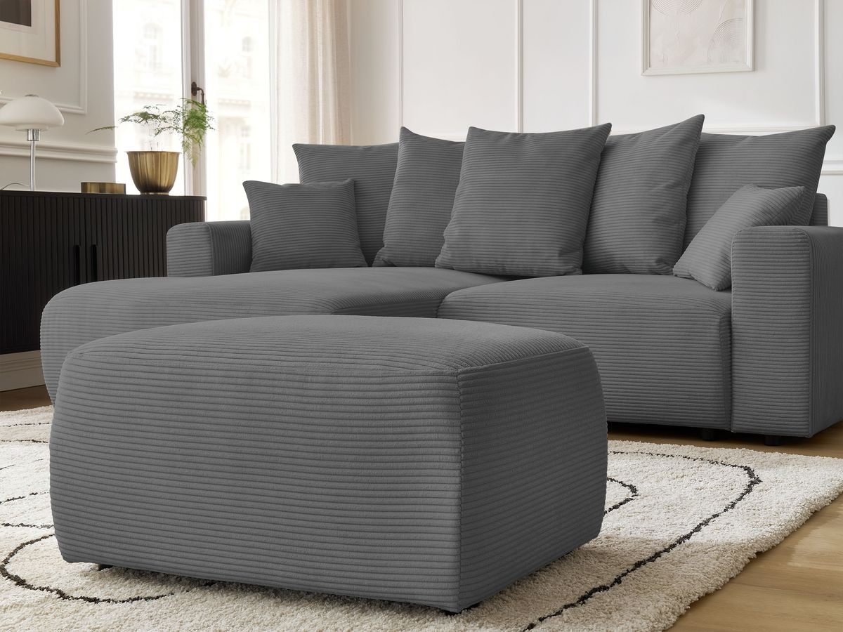 Bobochic Atilla Ecksofa mit Schlaffunktion und Bettkasten und Pouf Cordsamt Dunkelgrau Ecke links