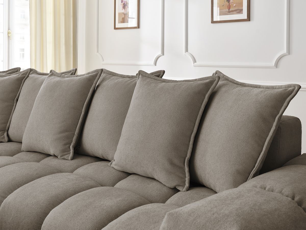 Bobochic Everest Ecksofa mit Schlaffunktion und Pouf, 10 Kissen Strukturstoff Taupe Ecke links