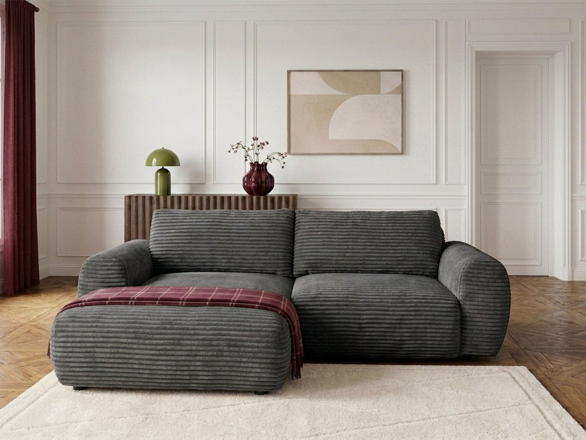 Bobochic Lucien Ecksofa mit Schlaffunktion und Bettkasten Breitcord weich Dunkelgrau Ecke links
