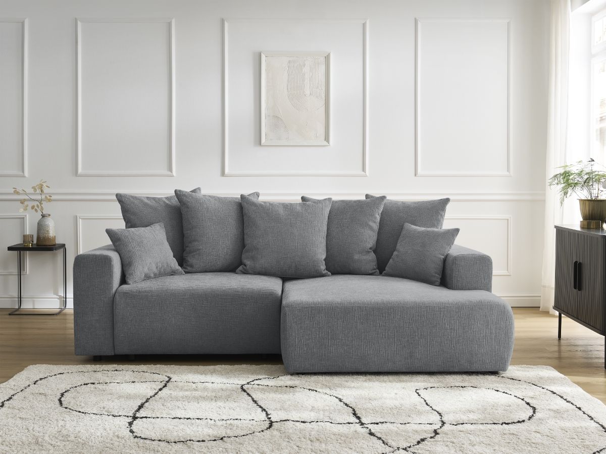 Bobochic Atilla Ecksofa mit Schlaffunktion und Bettkasten Strukturstoff Dunkelgrau Ecke rechts