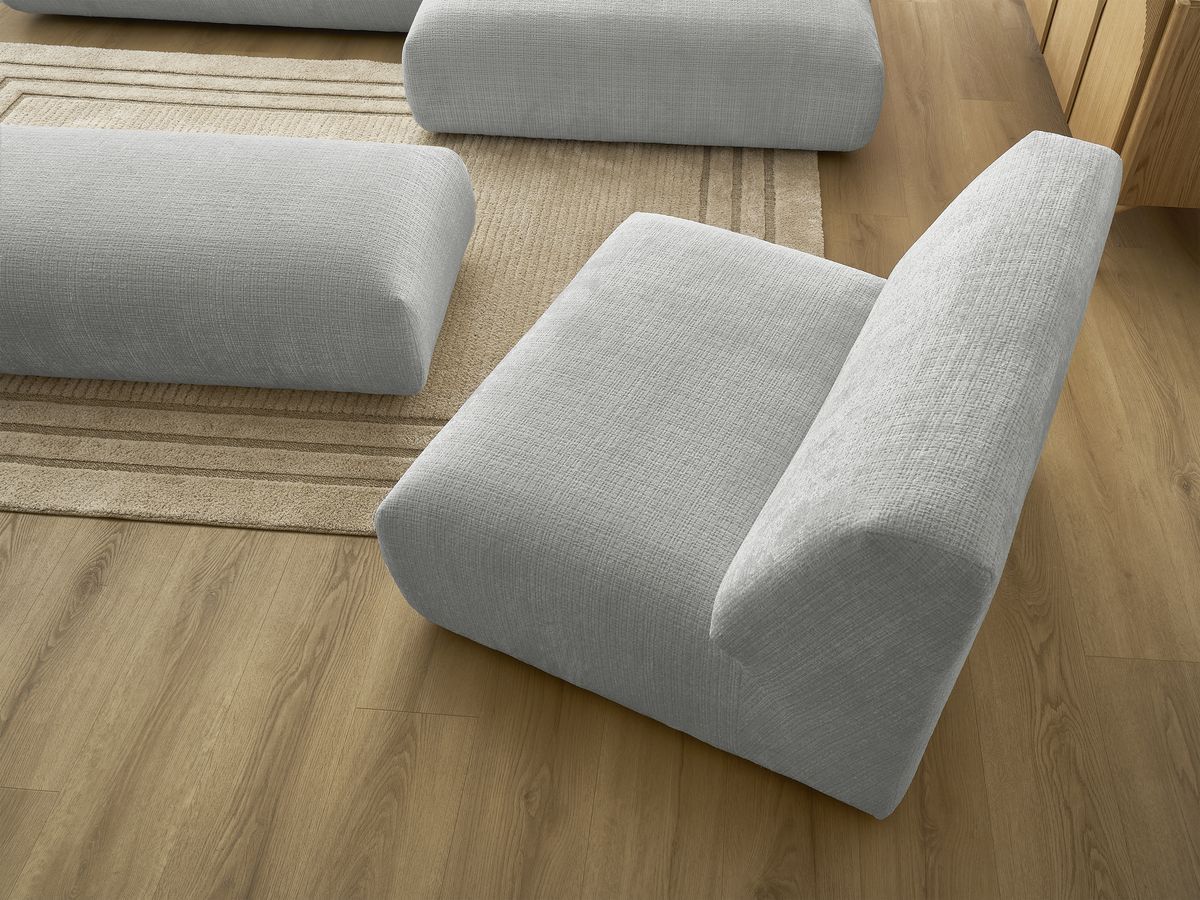 Bobochic Sirius Ecksofa mit Pouf 405 × 170 cm Strukturstoff Hellgrau Ecke rechts