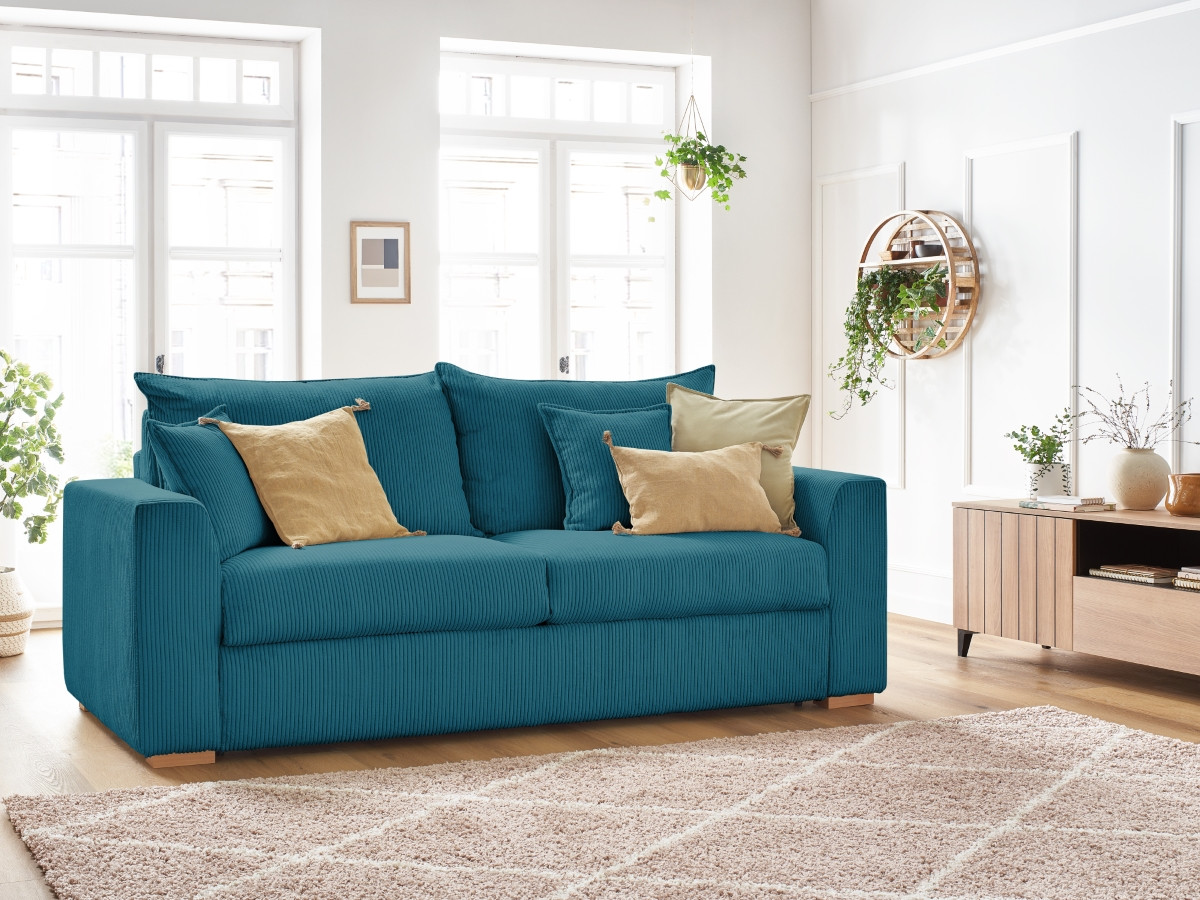 Bobochic Augustin Schlafsofa 3-Sitzer Cordsamt Hellblau, Liegefläche 140 × 200 cm