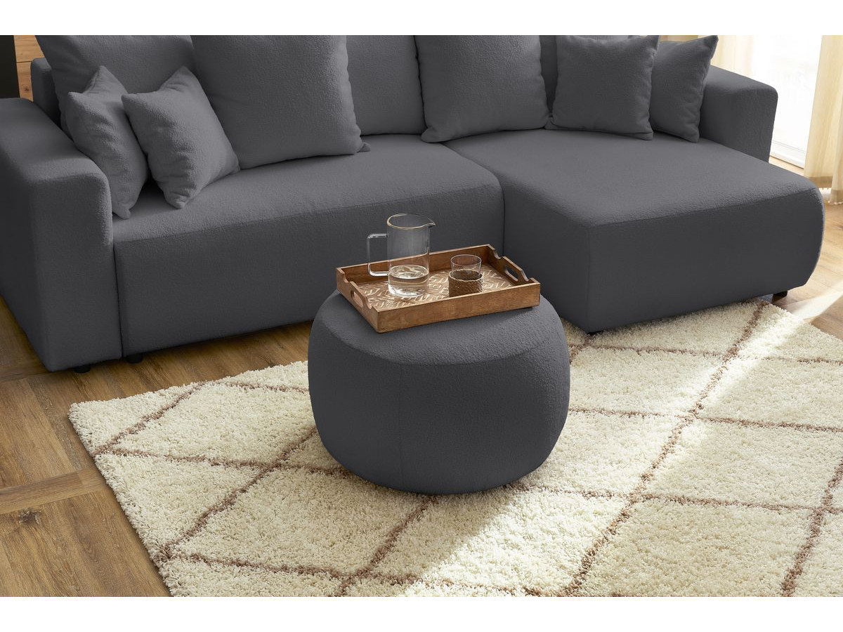 Bobochic Envy Ecksofa mit Schlaffunktion und Bettkasten und rundem Pouf Bouclé-Stoff Dunkelgrau