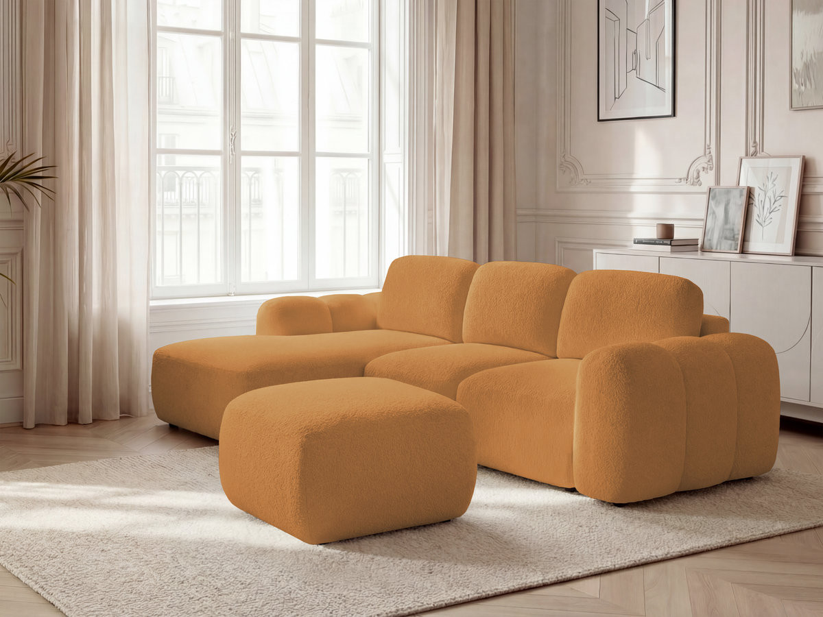Bobochic Montaigne Ecksofa mit Schlaffunktion und Bettkasten und Pouf 276 × 164 cm Bouclé-Stoff Gelb Ecke links