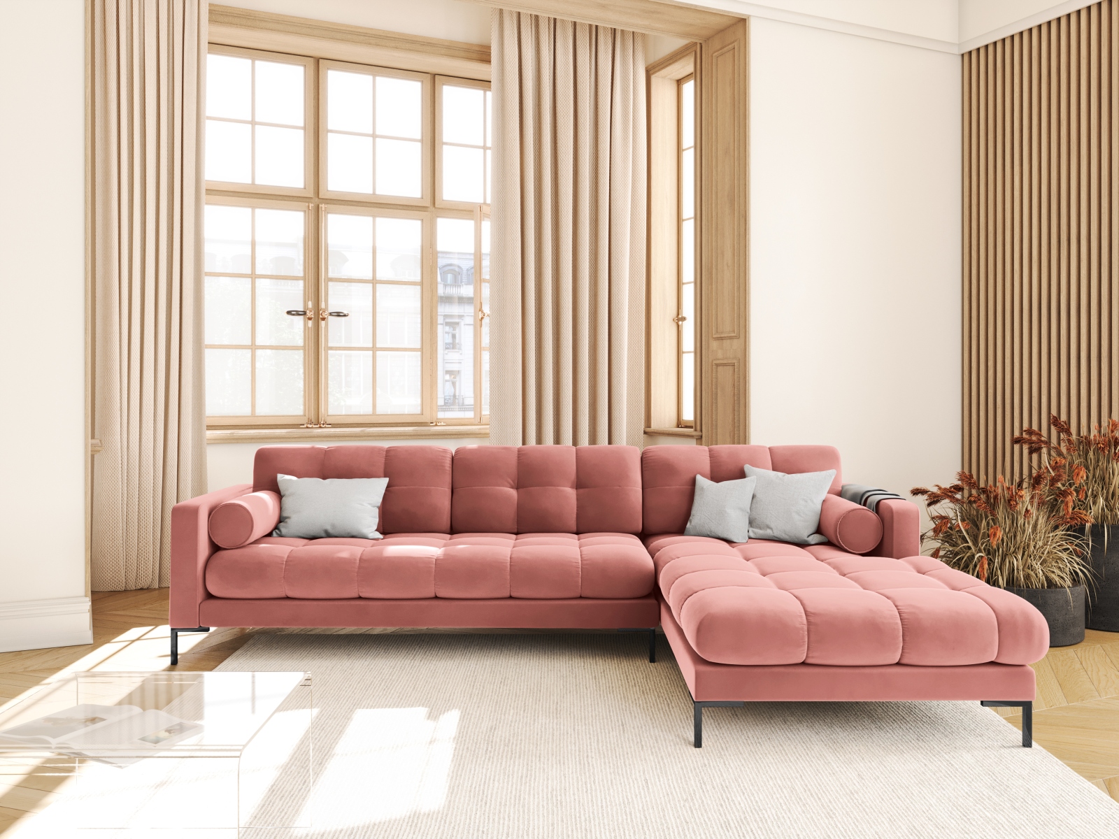 Cosmopolitan Design Ecksofa Bali 5-Sitzer Samt Bluvel Rosa Rechts Beine Schwarzes Metall