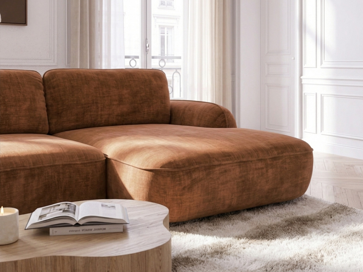 Bobochic Celeste Ecksofa mit Schlaffunktion und Bettkasten Stoff Orange Ecke rechts