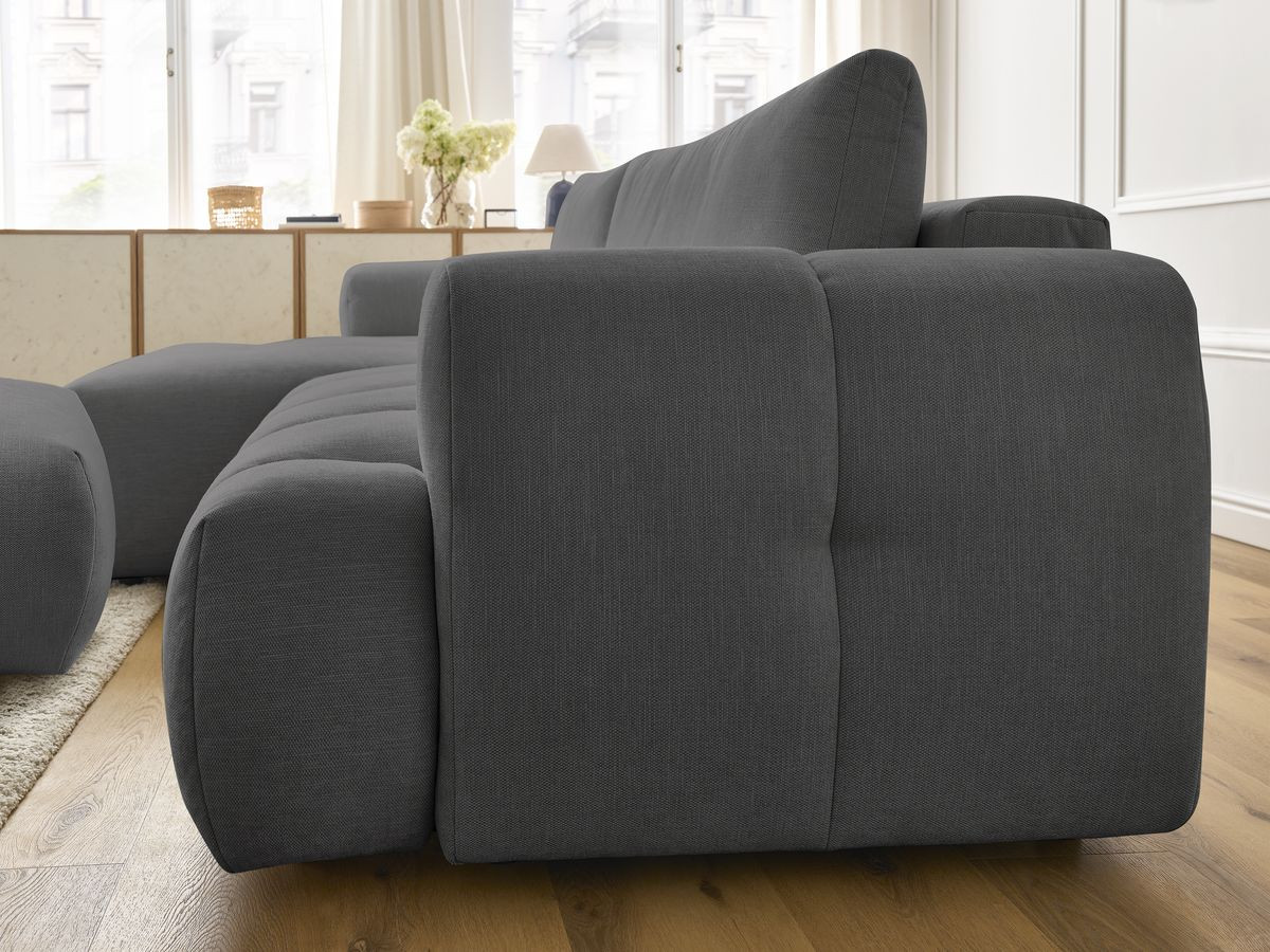 Bobochic Fuji Ecksofa mit Schlaffunktion und Bettkasten und Pouf 292 × 160 cm Stoff Dunkelgrau Ecke links