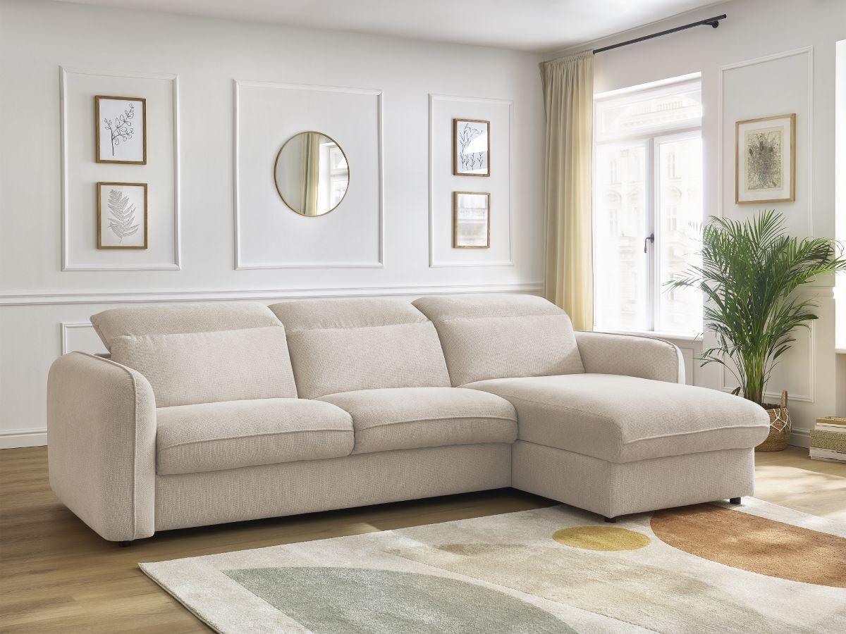 Bobochic Achille Ecksofa mit Schlaffunktion und Bettkasten Melange-Stoff Beige, Liegefläche 160 × 200 cm