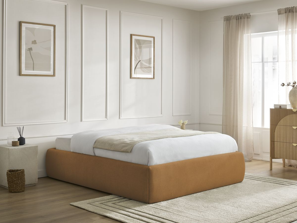 Bobochic Inera Bettgestell mit Bettkasten, ohne Kopfteil Stoff Gelb, Liegefläche 140 × 190 cm