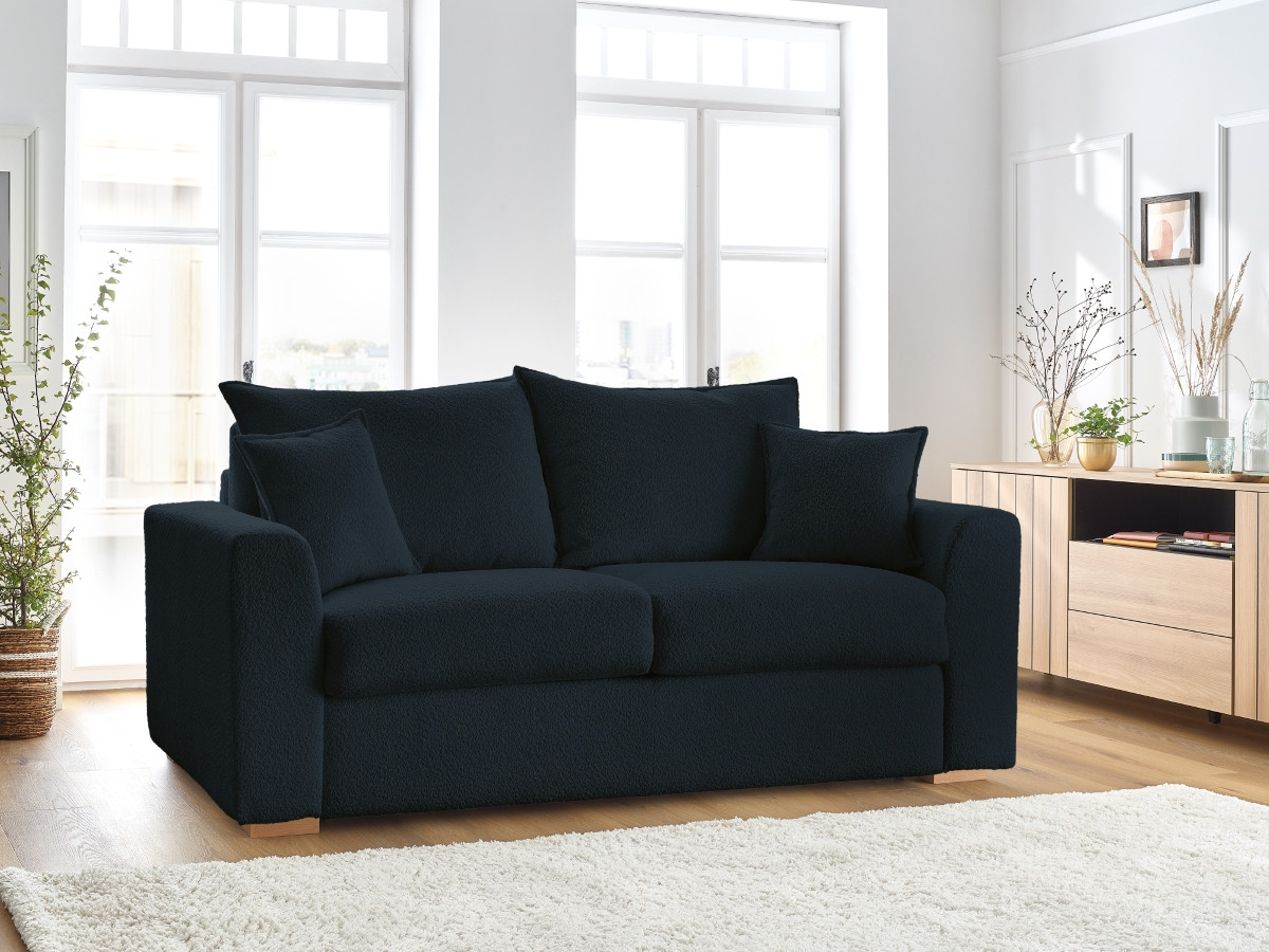 Bobochic Augustin Schlafsofa 3-Sitzer Bouclé-Stoff Dunkelblau, Liegefläche 140 × 200 cm
