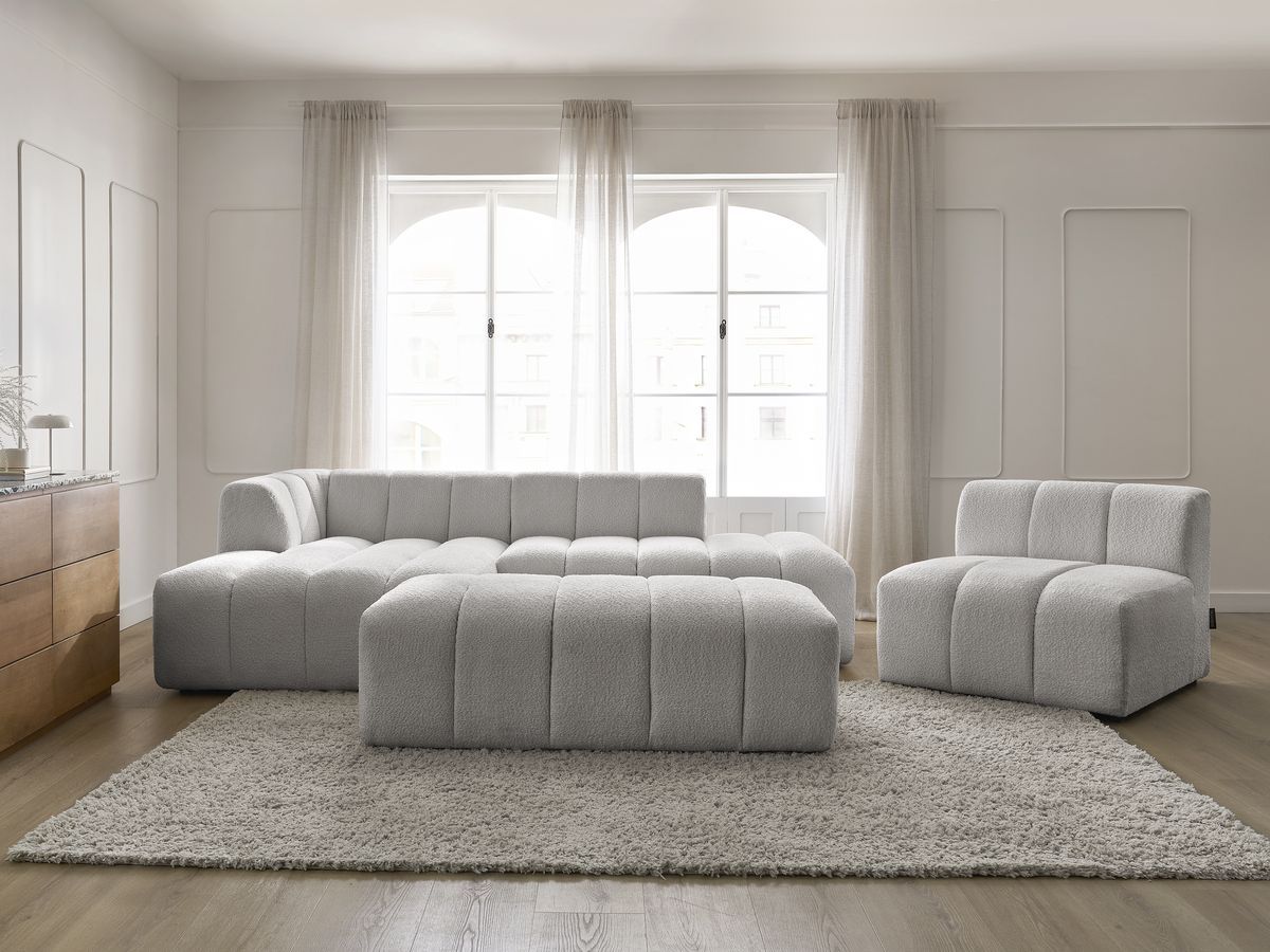 Bobochic Annecy Ecksofa mit Sofamodul und Pouf Bouclé-Stoff Hellgrau Ecke links