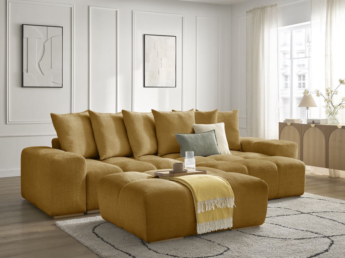 Bobochic Anakin Ecksofa mit Pouf, 6 Kissen Strukturstoff Gelb