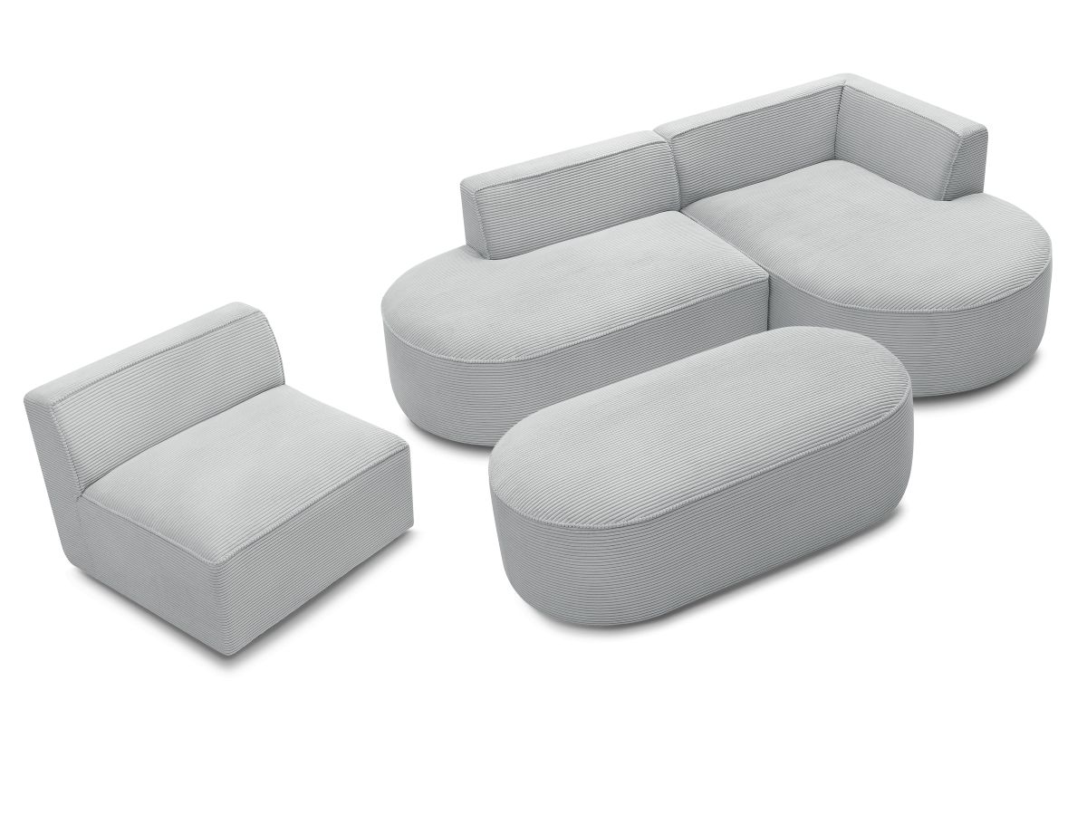 Bobochic Rousseau Ecksofa mit Sofamodul und Pouf Cordsamt Hellgrau Ecke rechts