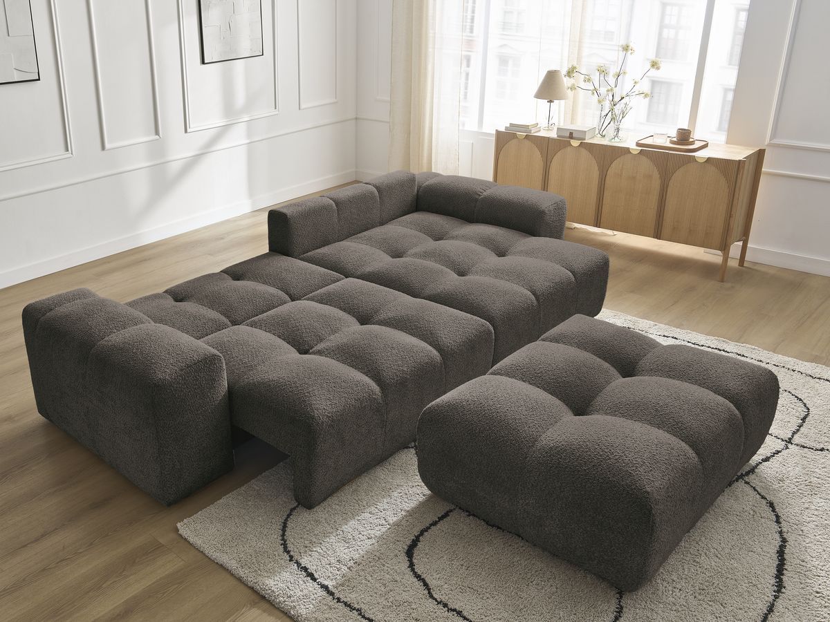 Bobochic Anakin Ecksofa mit Schlaffunktion und Bettkasten und Pouf, 2 Kissen Bouclé-Stoff Braun