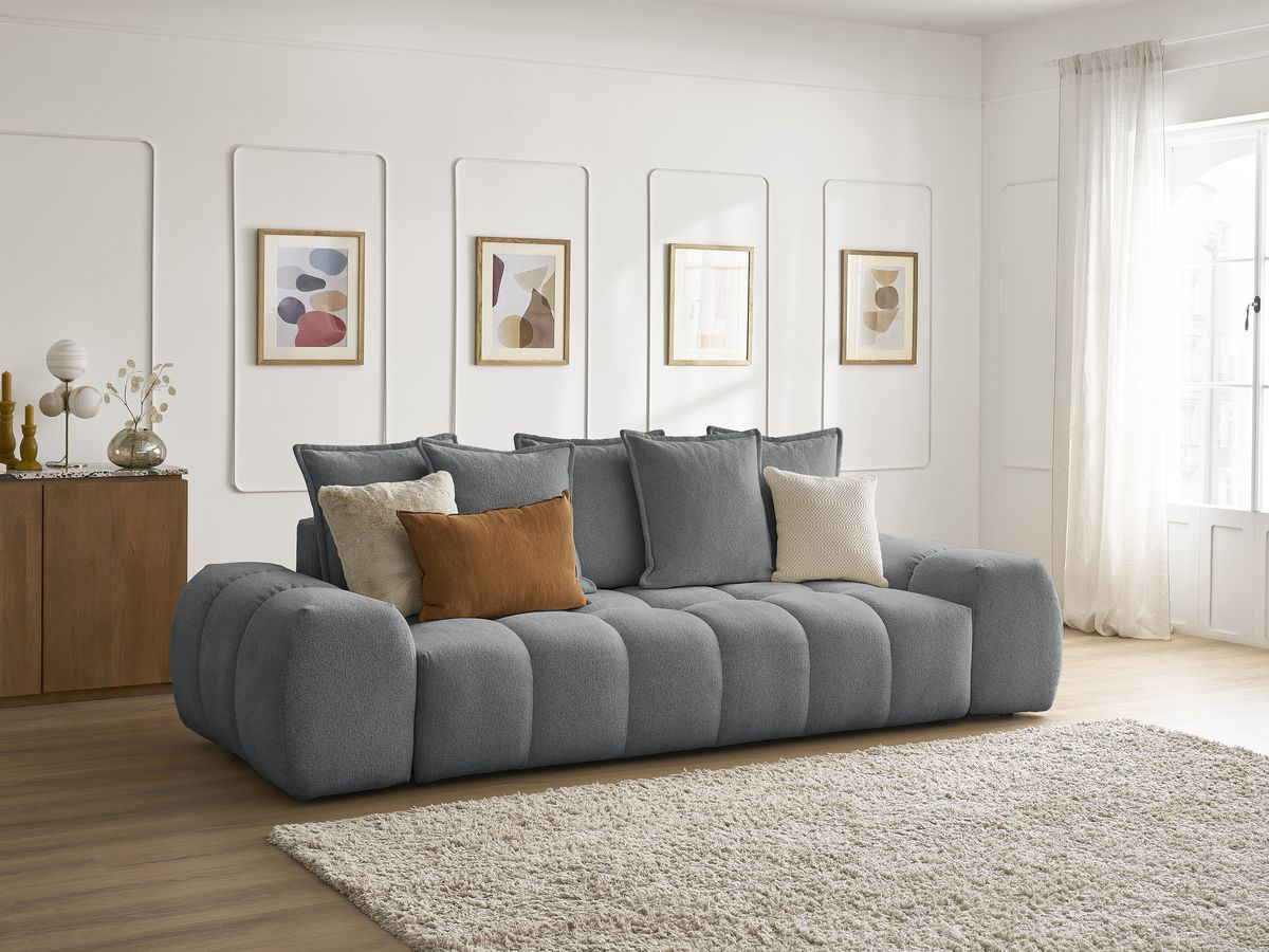 Bobochic Everest Schlafsofa 3-Sitzer mit Bettkasten, 5 Kissen Melange-Stoff Dunkelgrau
