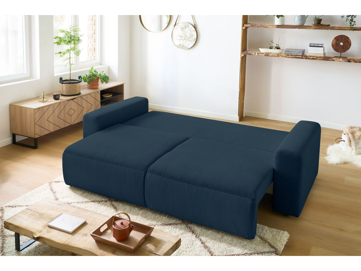 Bobochic Envy Schlafsofa 3-Sitzer mit Bettkasten und Pouf Cordsamt Dunkelblau