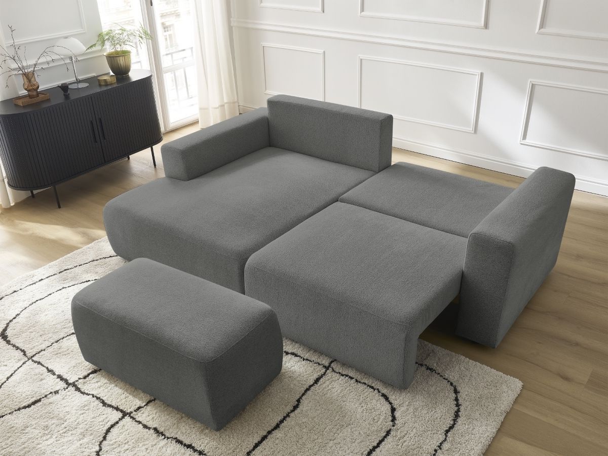 Bobochic Atilla Ecksofa mit Schlaffunktion und Bettkasten und Pouf Melange-Stoff Dunkelgrau Ecke links