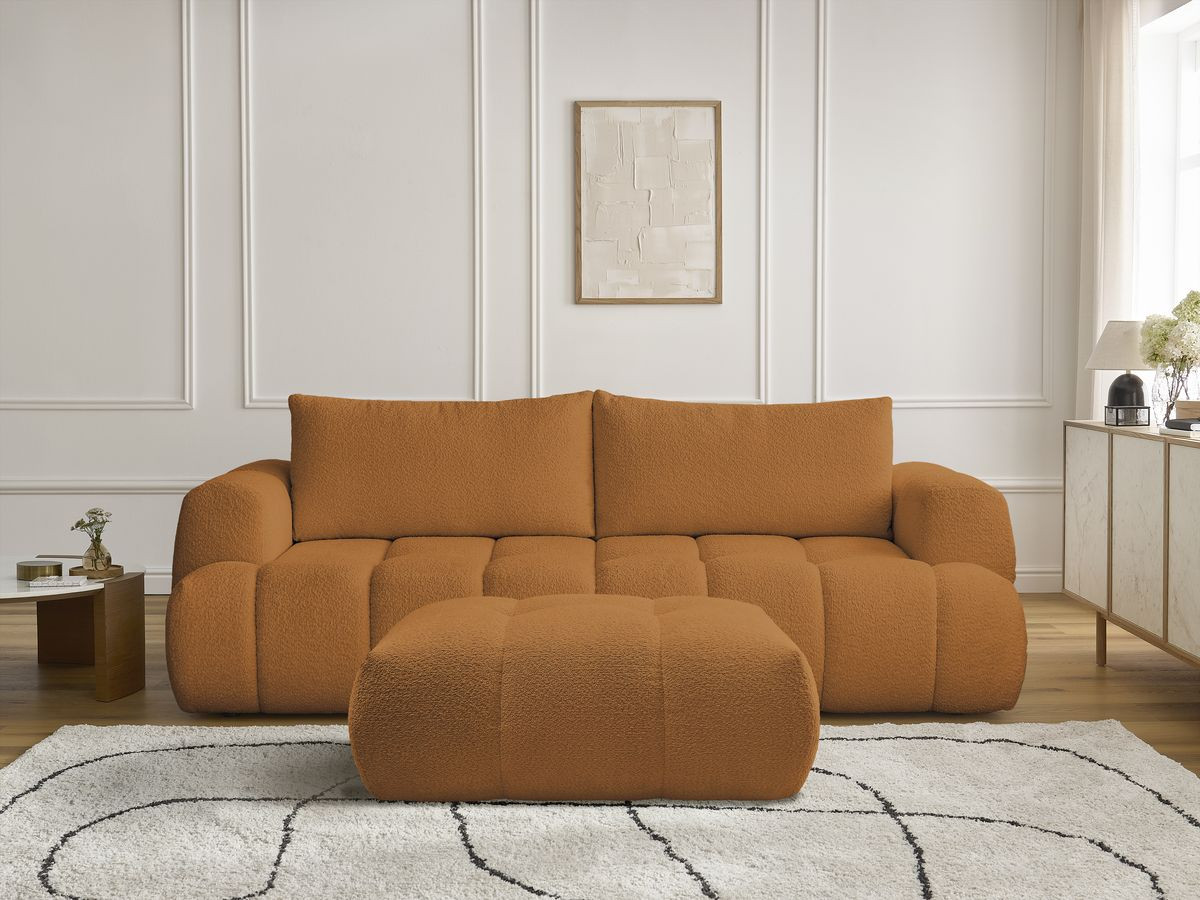 Bobochic Fuji Schlafsofa 3-Sitzer mit Bettkasten und Pouf Bouclé-Stoff Gelb