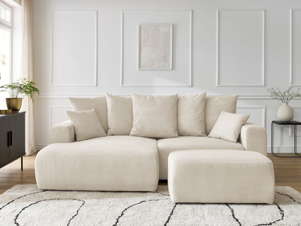 Bobochic Atilla Ecksofa mit Schlaffunktion und Bettkasten und Pouf Cordsamt Beige Ecke links