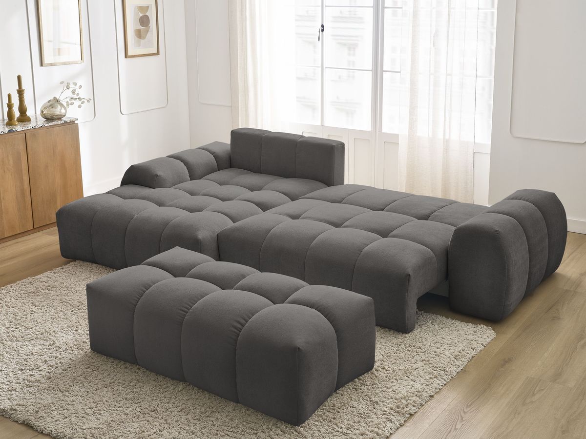 Bobochic Everest Ecksofa mit Schlaffunktion und Bettkasten und Pouf 318 × 180 cm, 3 Kissen Strukturstoff Dunkelgrau Ecke links
