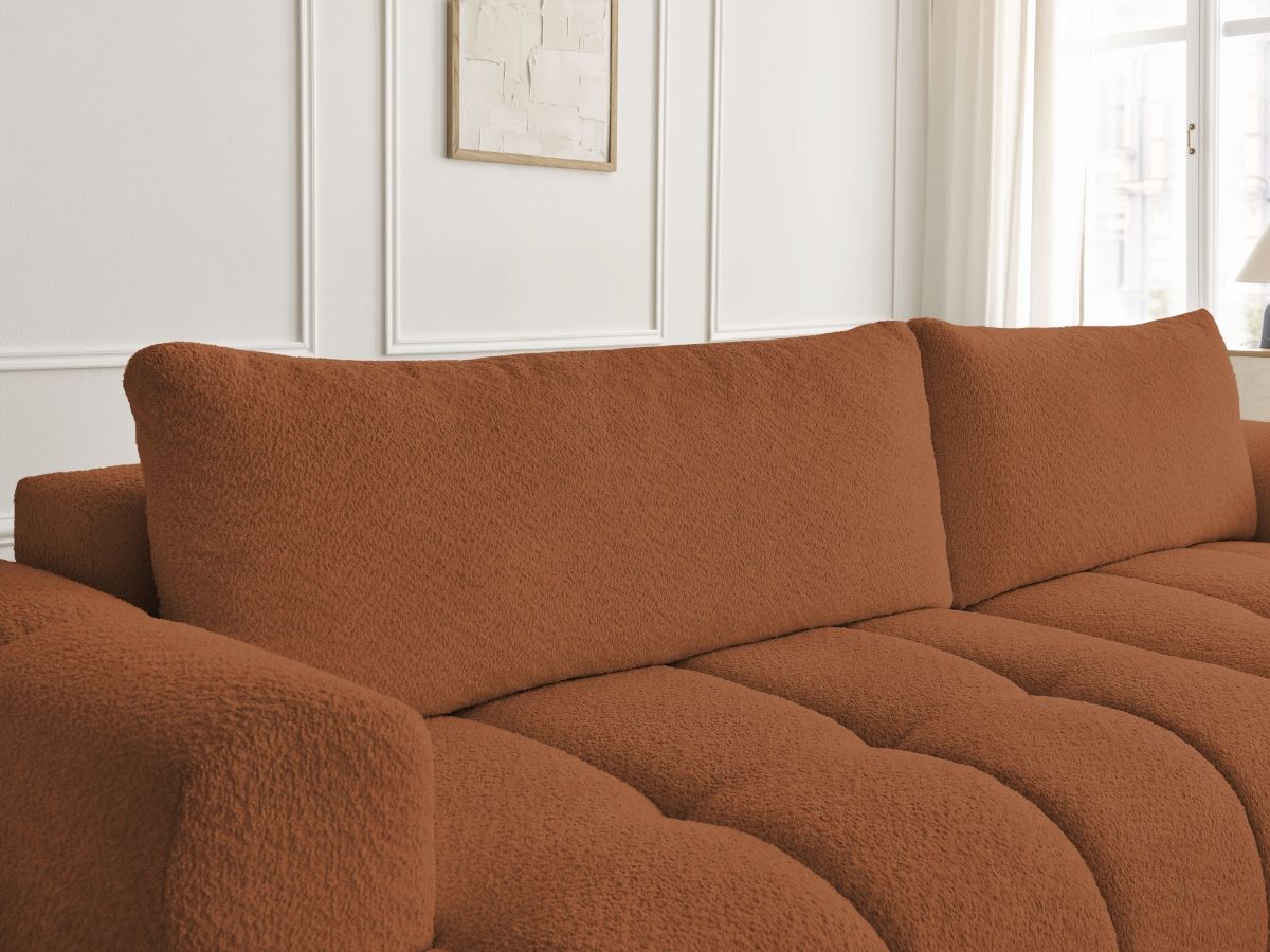 Bobochic Fuji Ecksofa mit Schlaffunktion und Bettkasten und Pouf 292 × 160 cm Bouclé-Stoff Orange Ecke rechts